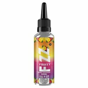 Fruity flavored liquid bottle with colorful label on a white background