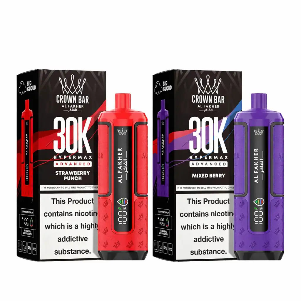 Two vape devices with their packaging, one red and one purple, on a white background.