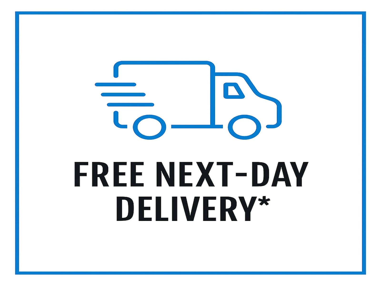 Free next-day delivery icon with a blue truck outline on a white background