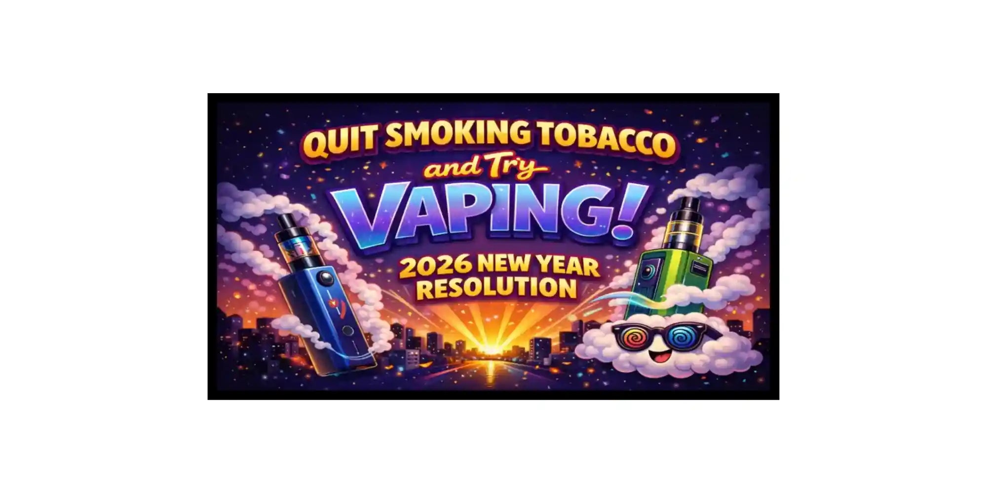 Promotional graphic for quitting smoking tobacco and trying vaping with a New Year's resolution theme.