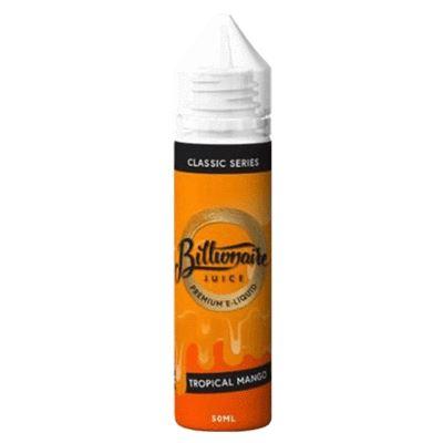 A bottle of Billionaire Tropical Mango e-liquid from the Classic Series, with a capacity of 50ml indicated.
